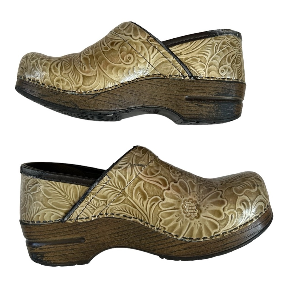 Dansko Metallic Gold Floral Embossed Leather Clogs